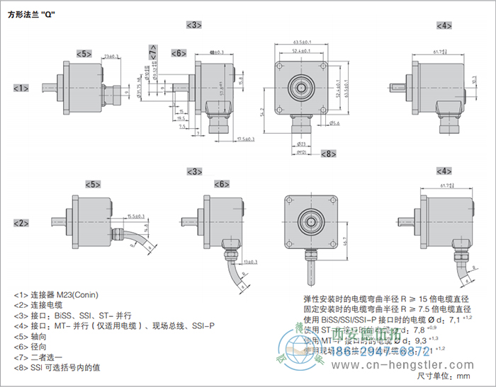 AC58-Interbus標(biāo)準(zhǔn)光電絕對值型編碼器外形及安裝尺寸(方形法蘭Q) 德國hengstler(亨士樂)編碼器